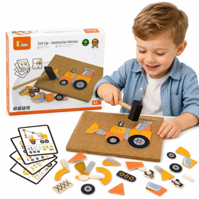 Koka naglošanas komplekts „Būvniecības transportlīdzekļi”, 45 elementi, Montessori