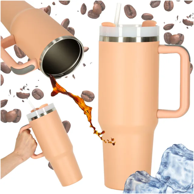 Termiskā krūze ar salmiņu un rokturi termoss 1200ml pulverveida rozā krāsā