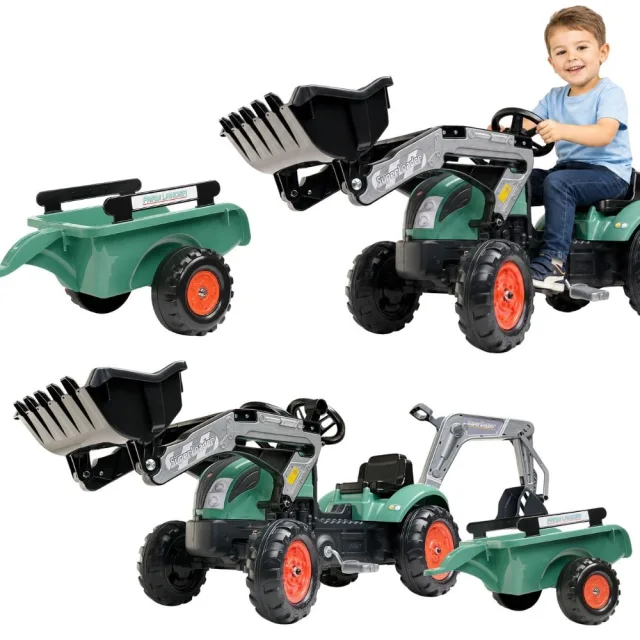 Farm Lander pedāļu traktors ar piekabi, iekrāvēju un ekskavatoru