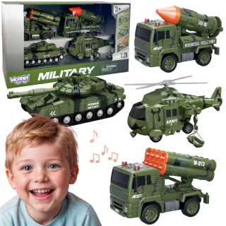 Militāro transportlīdzekļu komplekts ar tanku, helikopteru un raķešu palaidējiem, 4 gab., mērogs 1:20