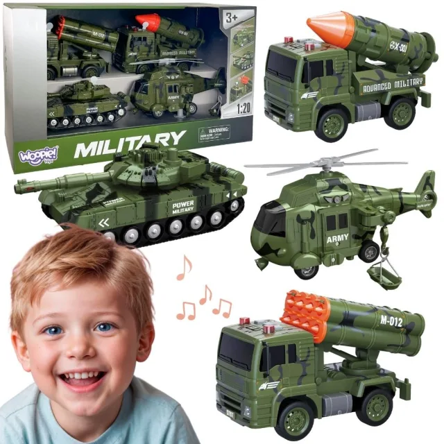 Militāro transportlīdzekļu komplekts ar tanku, helikopteru un raķešu palaidējiem, 4 gab., mērogs 1:20