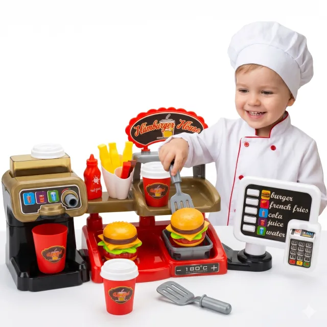 Fast Food XXL restorāna komplekts ar kasi un dzērienu dozatoru