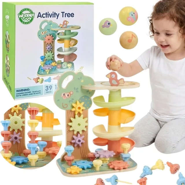 Montessori aktivitāšu koks 4 vienā ar lodīšu trasi