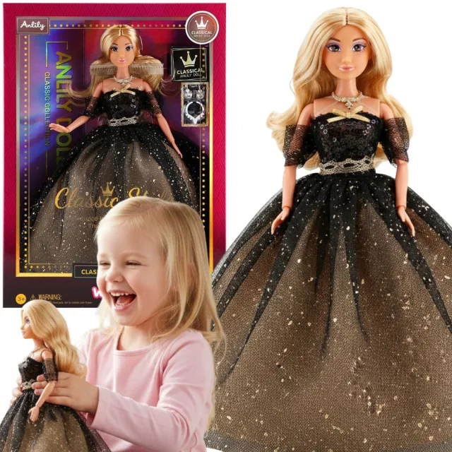 Lily lelle ar gariem blondiem matiem un melnu balles kleitu, 30 cm