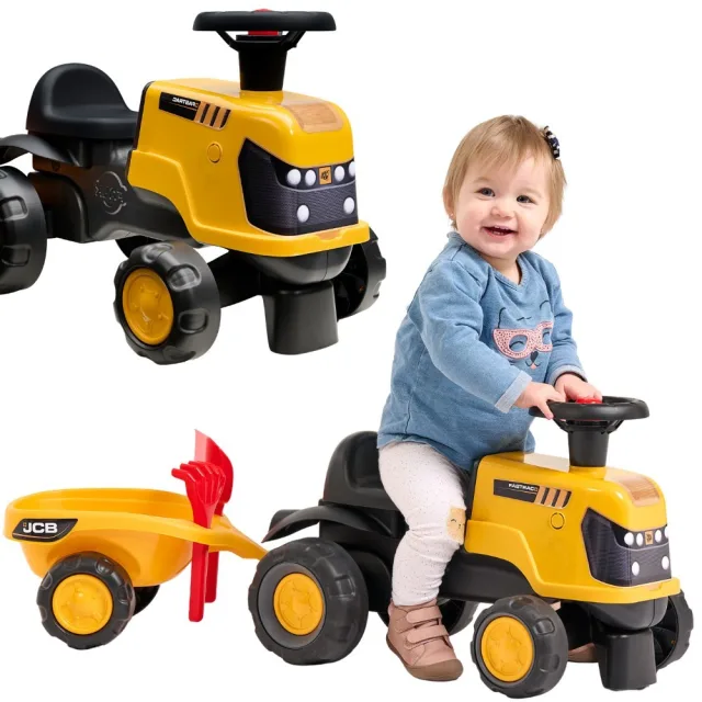 JCB Fastrac traktors-jehāds ar piekabi, lāpstiņu un grābekli, 1–3 gadi
