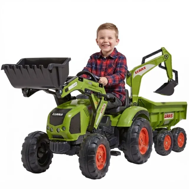CLAAS Axos 330 pedāļu traktors ar piekabi, kausu un buldozera lāpstu