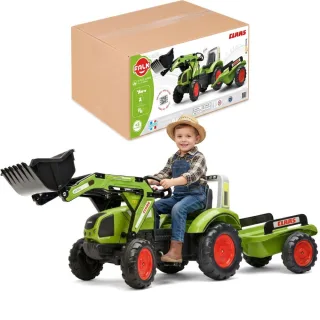 CLAAS Arion 430 pedāļu traktors ar iekrāvēju un piekabi, zaļš