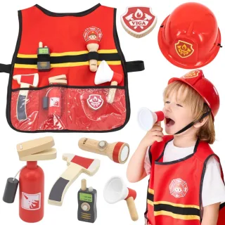 Mazā ugunsdzēsēja komplekts: veste un koka piederumi, 8 gab.