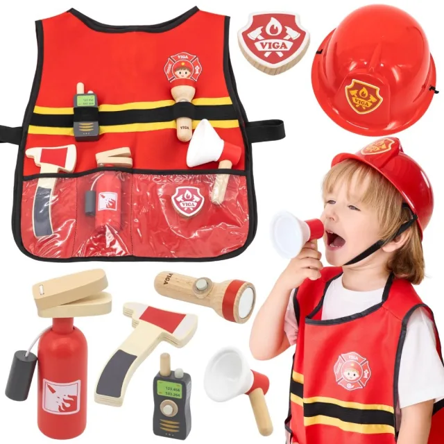 Mazā ugunsdzēsēja komplekts: veste un koka piederumi, 8 gab.