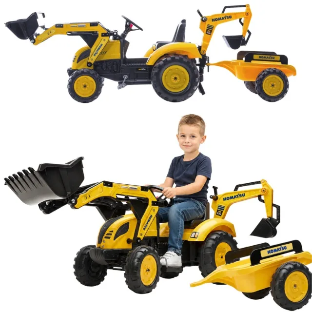 Komatsu pedāļu traktors ar ekskavatoru-iekrāvēju un piekabi, 3–7 gadi