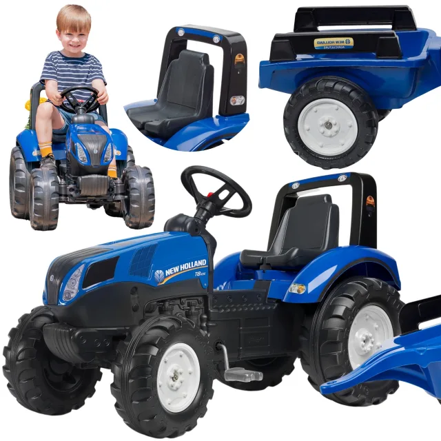 Ņūholandes T8 pedāļu traktors ar piekabi