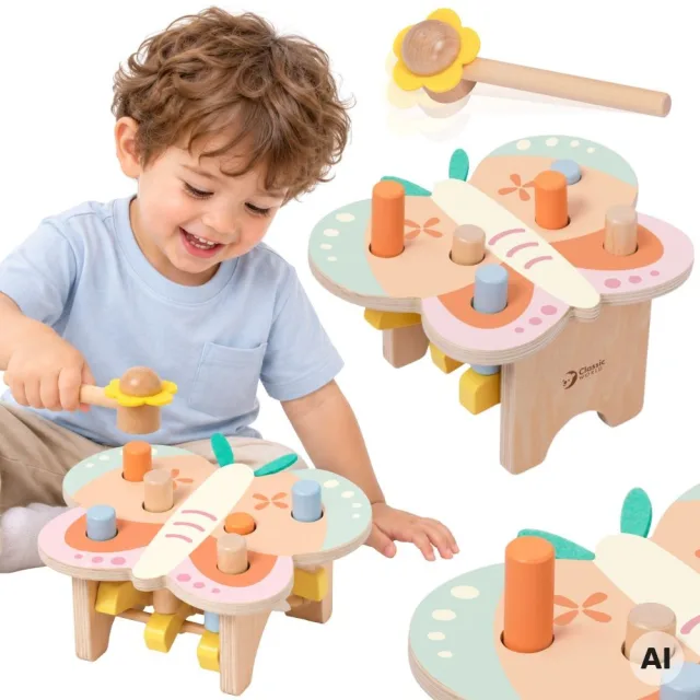 Montessori pastelisks tauriņa koka āmuriņš ar āmuru, 8 gab.