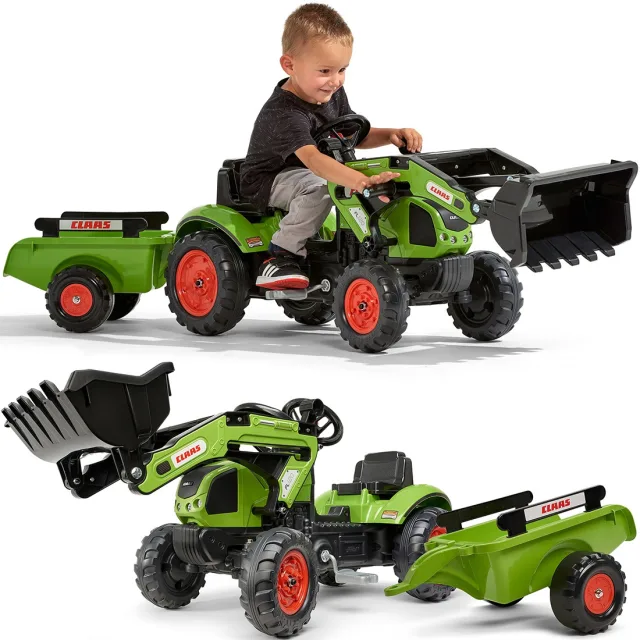 Claas Arion 410 pedāļu traktors ar piekabi un kausu, zaļš