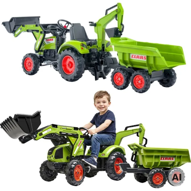 Claas Axos 330 pedāļu traktors ar iekrāvēju, ekskavatoru un piekabi