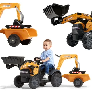 CASE traktors ar pedāļiem, ekskavatora kausu un piekabi, 2–5 gadi