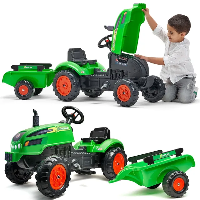 X-Tractor zaļš pedāļu traktors ar piekabi un skaņas signālu