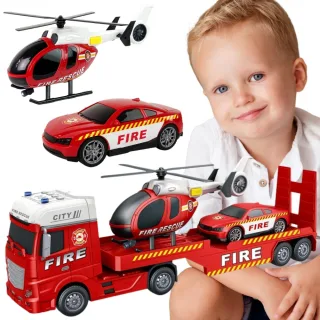 Ugunsdzēsēju evakuators ar helikopteru un automašīnu, skaņa un gaismas