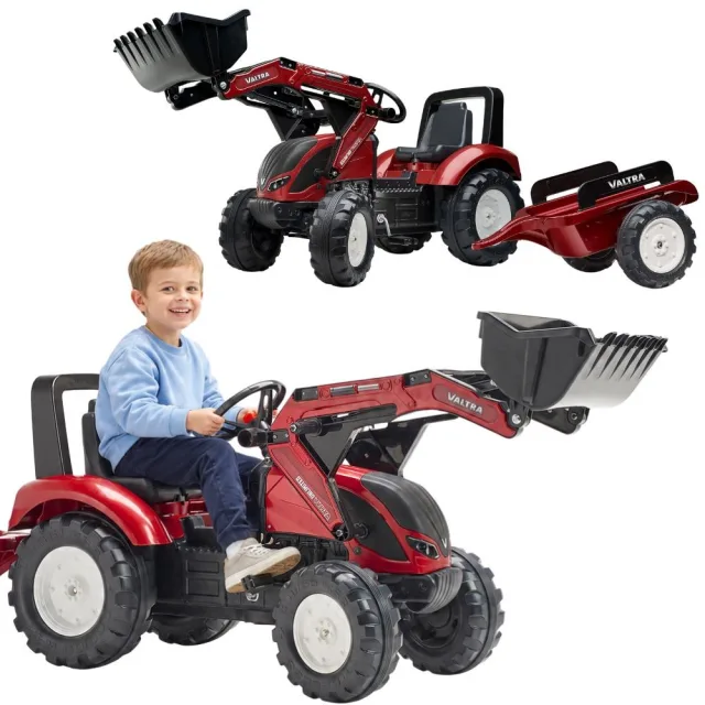 Valtra S4 pedāļu traktors ar kausu un piekabi, 3–7 gadi
