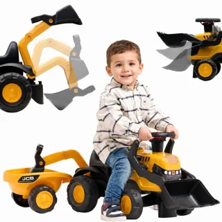 JCB traktors-ride-on ar piekabi, grābekli un lāpstiņu, klusie riteņi, 1–3 gadi