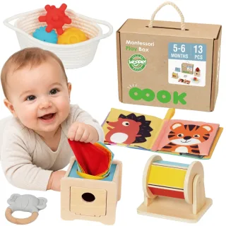 XXL Montessori izglītojošā sensorā kaste 6 vienā, 5–6 mēnešiem, 13 gab.