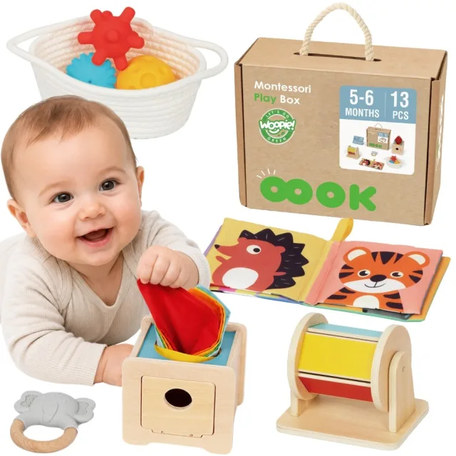 XXL Montessori izglītojošā sensorā kaste 6 vienā, 5–6 mēnešiem, 13 gab.
