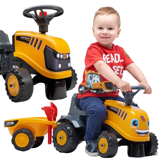 JCB oranžs traktors-jezdiņš ar piekabi