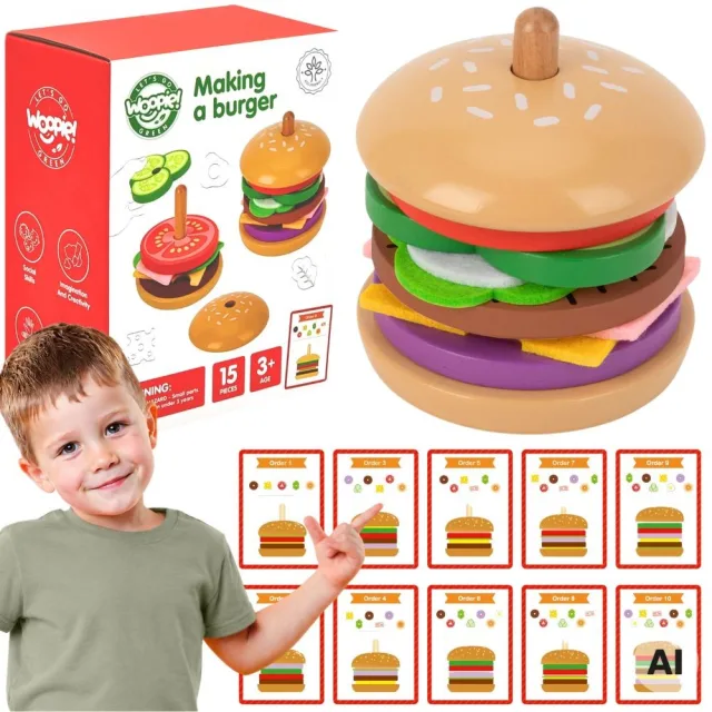 Koka burgera salikšanas spēle bērniem, 15 detaļas