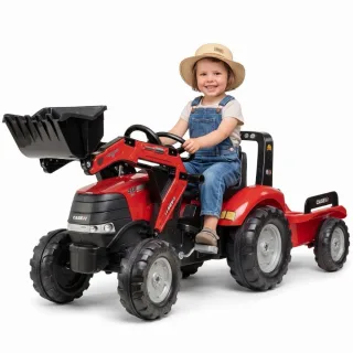 Case pedāļu traktors ar kausu un piekabi, sarkans, no 3 gadiem