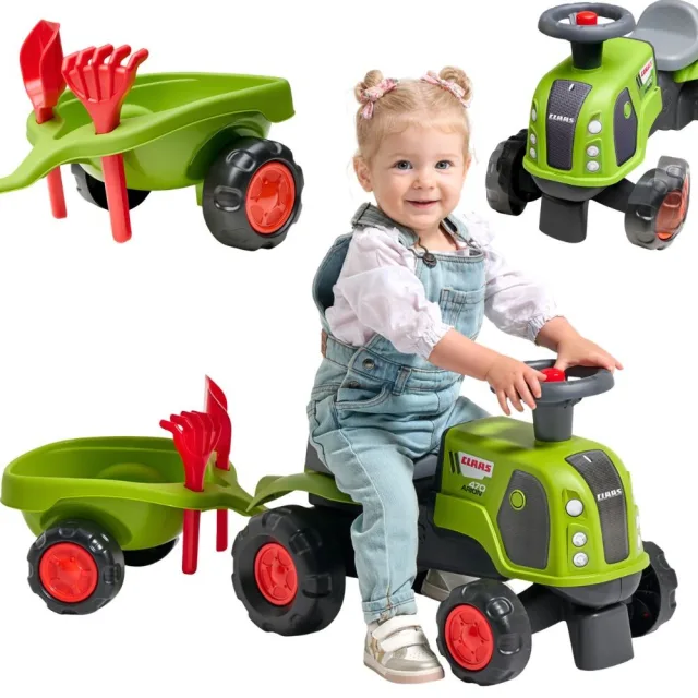 Claas 470 Arion zaļš braucamtraktors ar piekabi un smilšu rotaļu piederumiem