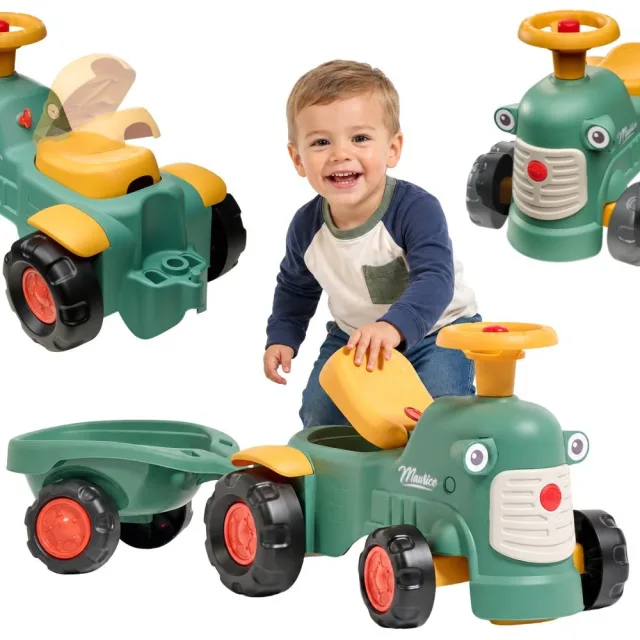 Zaļš Baby Maurice stumjamais traktors ar piekabi