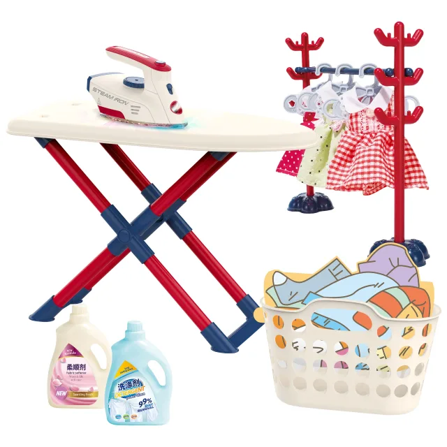XXL gludināšanas komplekts ar gludekli, gludināmo dēli, pakaramiem, veļas grozu un apģērbu, 14 daļas