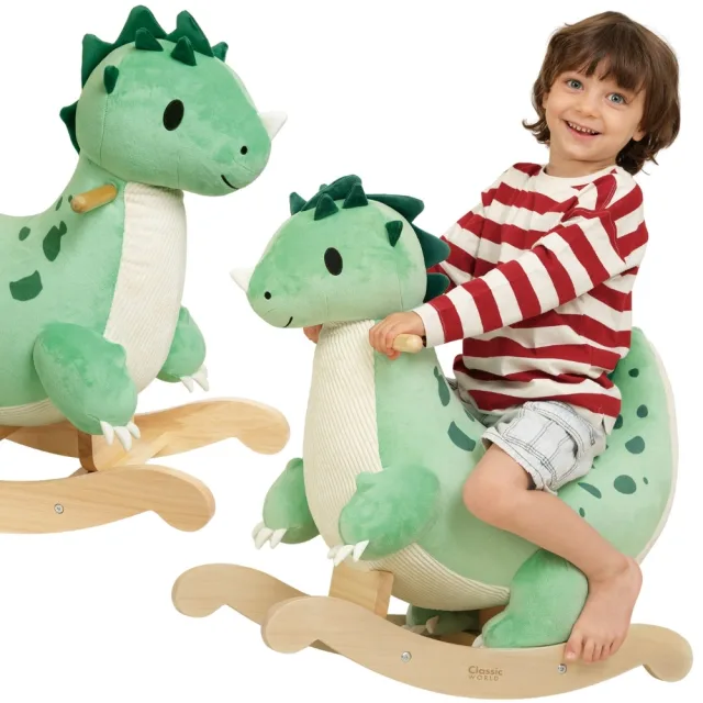 Mīksts plīša un koka dinozaurs šūpuļkrēsls