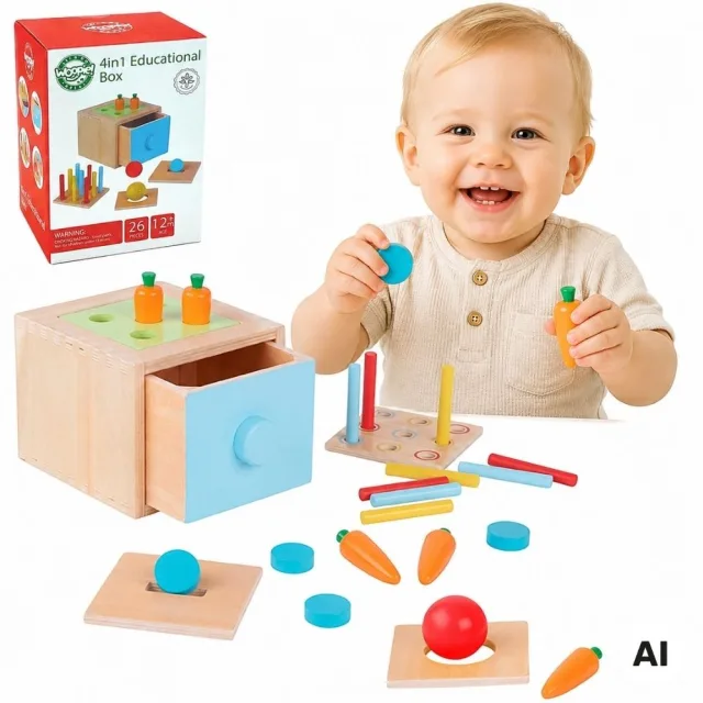 Koka izglītojošā atvilktne 4-in-1 Montessori šķirotājs — burkānu spēle