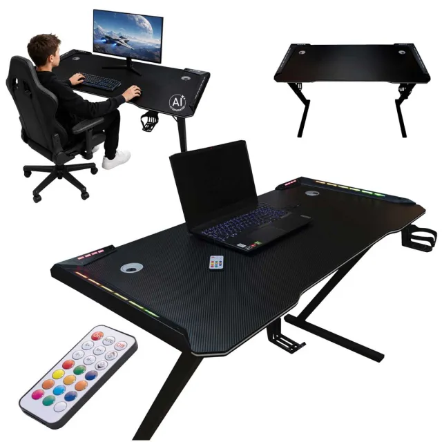 Gaming galds ar LED RGB apgaismojumu un datoru turētājiem spēlētājiem, 120x60 cm
