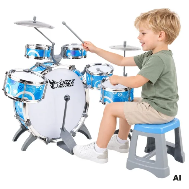 Izglītojošs bungu komplekts bērniem, 6 bungas, 2 šķīvji un ķeblītis
