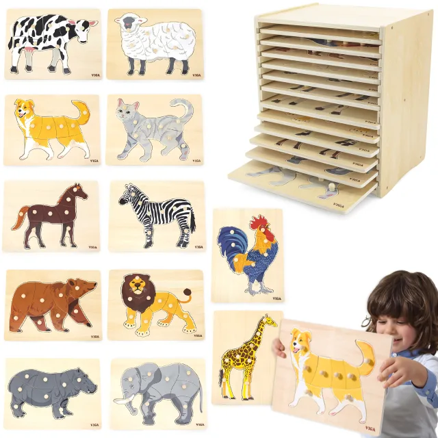 12 koka dzīvnieku puzles ar statīvu, Montessori