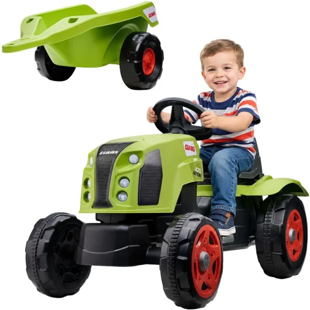 Claas Arion 470 pedāļu traktors ar piekabi un atveramu motora pārsegu, 2–6 gadi
