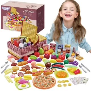 Piknika grozs ar augļiem, dārzeņiem un ātrās ēdināšanas produktiem, XXL, 103 detaļas