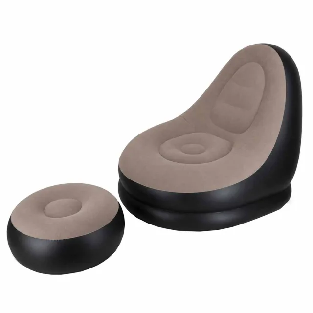 Atpūtas krēsls ar kāju balstu, piepūšamais dīvāns, pufa un sūknis – 2-in-1 komplekts