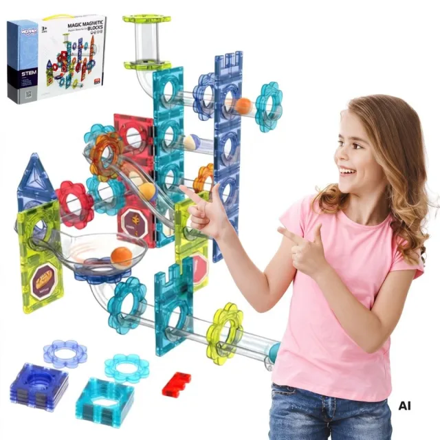 3D magnētisko konstruktoru komplekts ar lodīšu trasi, 113 detaļas