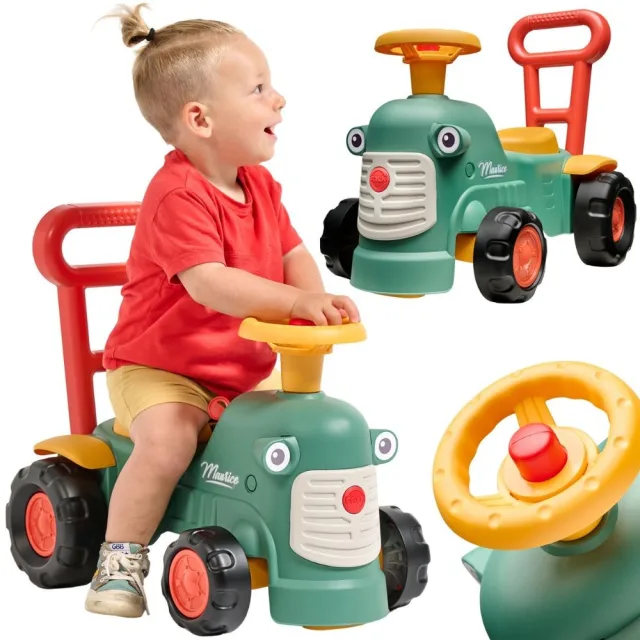 Traktors-ride-on Maurice ar stumšanas rokturi un nodalījumu, zaļš