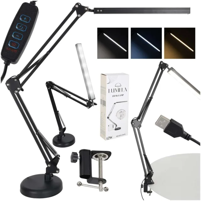 LED galda lampa USB grozāmā roka 2 stiprinājuma metodes