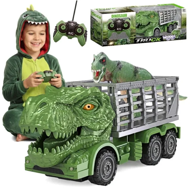 Tālvadības RC dinozaura automašīna, zaļa, ar figūriņu