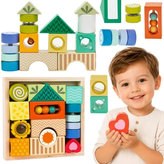Montessori daudzfunkcionālie koka sensorie klucīši 7 vienā, 14 gab.