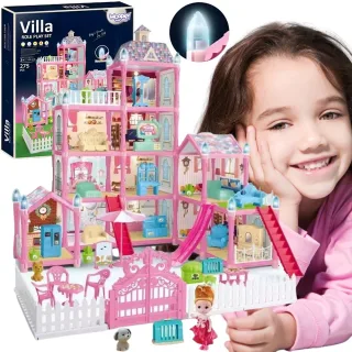 Daudzlīmeņu leļļu villa ar aksesuāriem un apgaismojumu, 275 detaļas