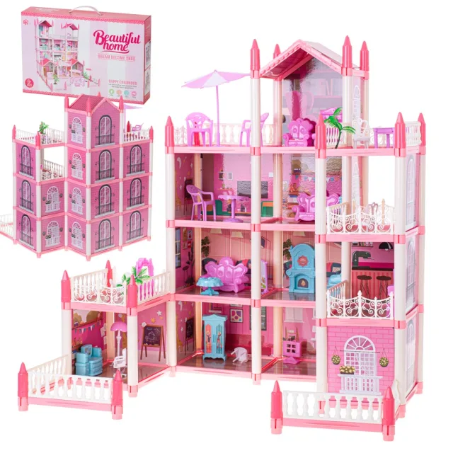 Leļļu māja villa rozā DIY 4 līmeņu mēbeles