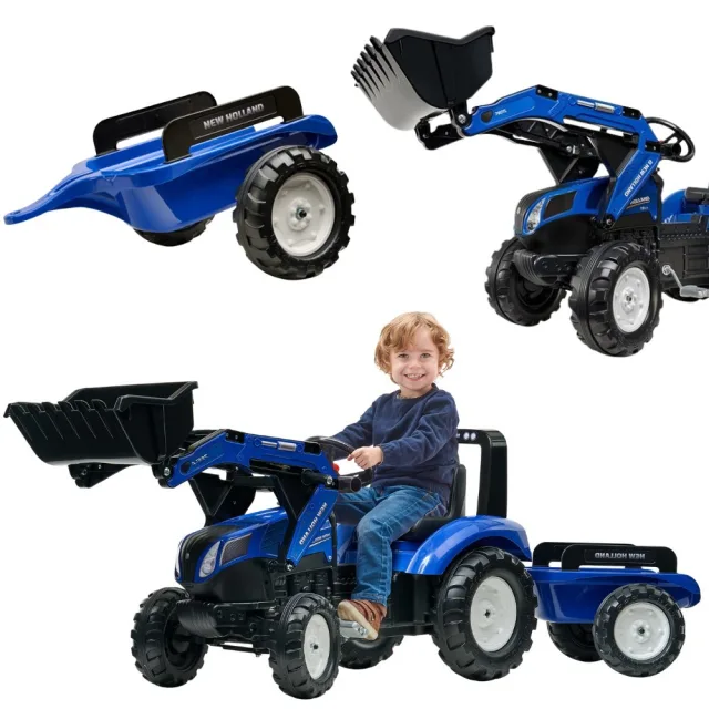 New Holland T8 traktors ar pedāļiem, priekšējo kausu un piekabi