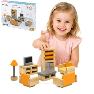 Koka leļļu mājas viesistabas mēbeļu komplekts