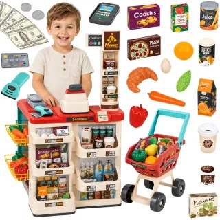 Supermarketu komplekts ar iepirkumu ratiņiem, svariem, kases aparātu un skeneri